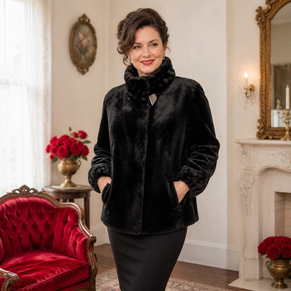 80s Olympia Black Faux Fur Coat Hip Length Glam Jacket - M